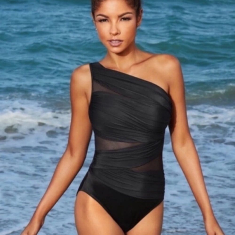 NEW Miraclesuit Jena Sheer Mesh Panel Slimming Swimsuit Brown Size 8